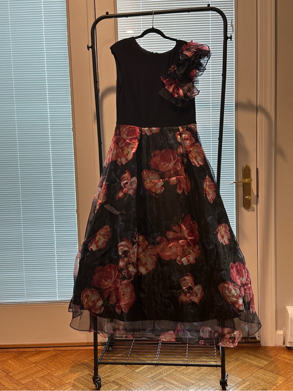 SLNY Black Maxi Dress with Pink Floral Skirt